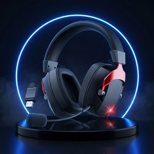 Specter wireless gaming headset on a dark studio podium