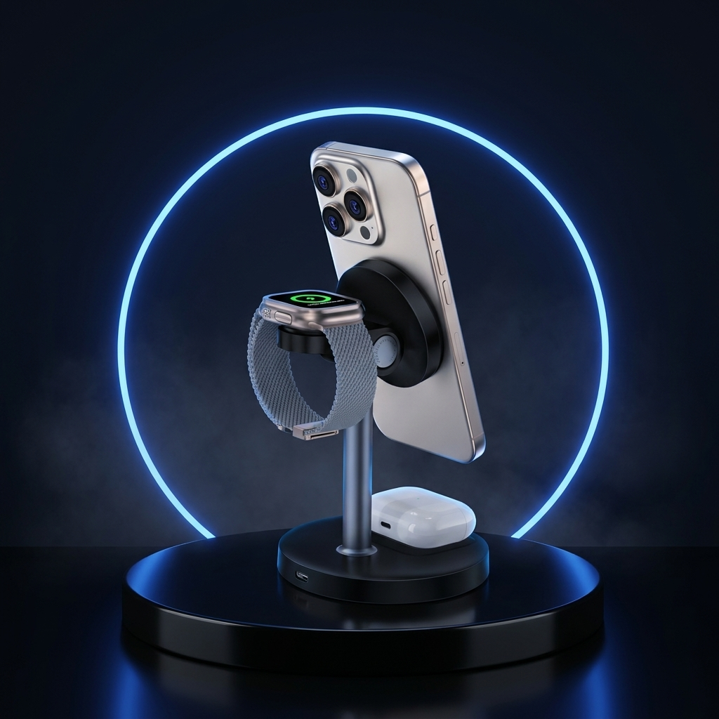 TriDock 3-in-1 wireless charger on a dark studio podium