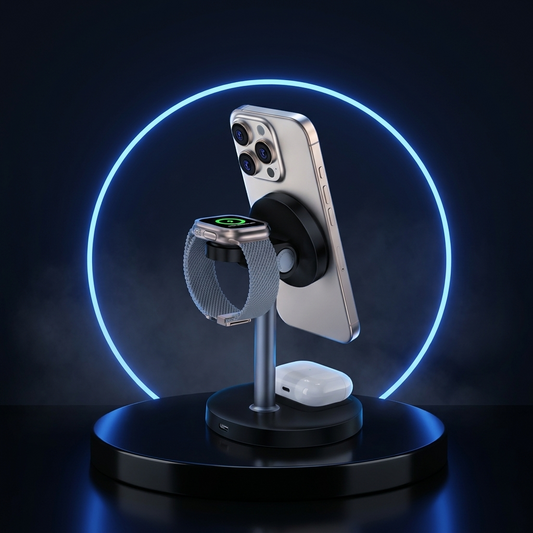 TriDock 3-in-1 wireless charger on a dark studio podium