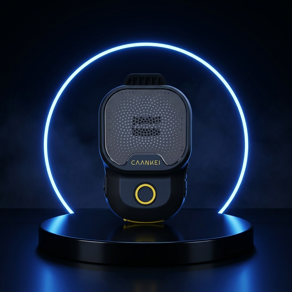 ClipTone wearable speaker on a dark studio podium