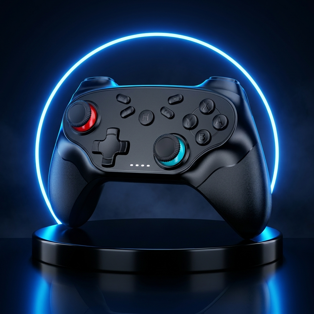 Rumble wireless gamepad on a dark studio podium