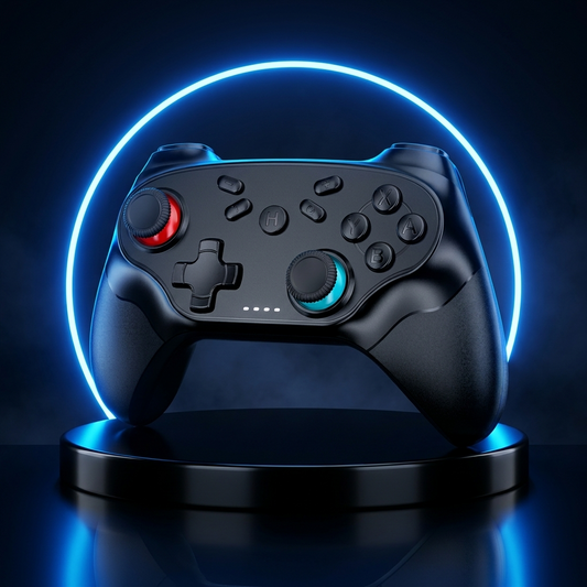 Rumble wireless gamepad on a dark studio podium