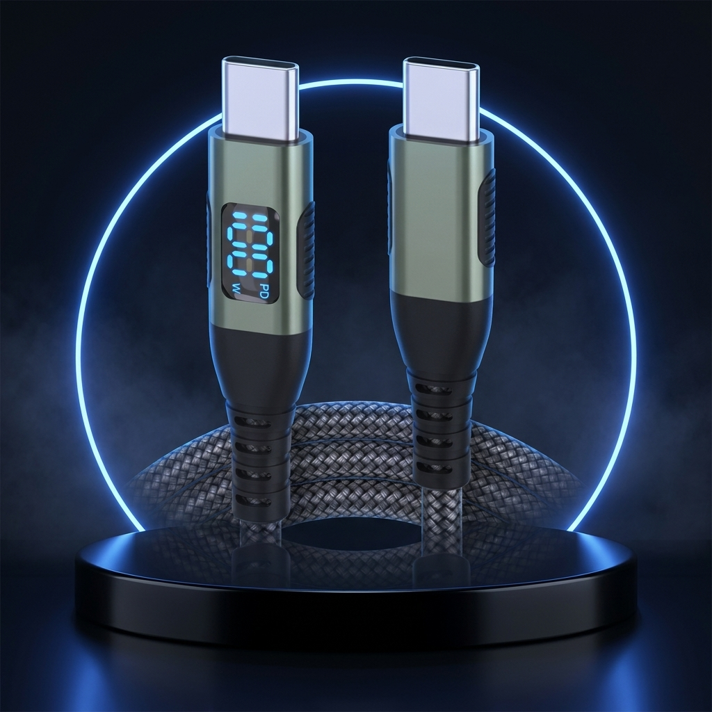 WattView 100W USB-C cable on a dark studio podium