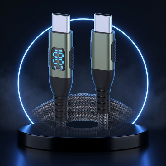 WattView 100W USB-C cable on a dark studio podium