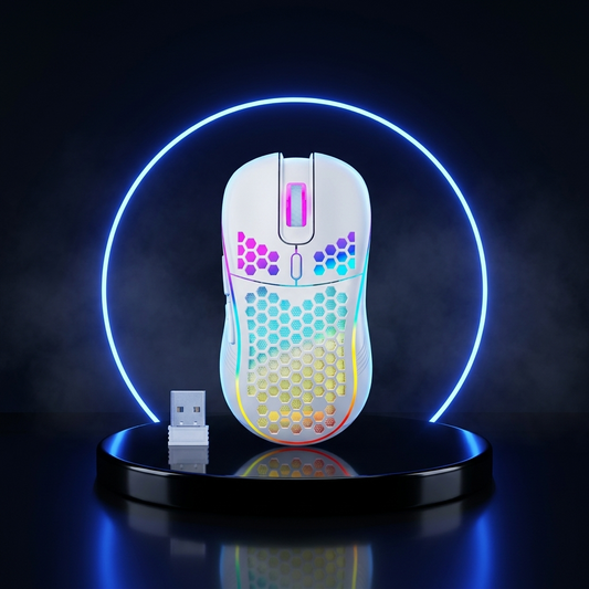 HexLite wireless gaming mouse on a dark studio podium