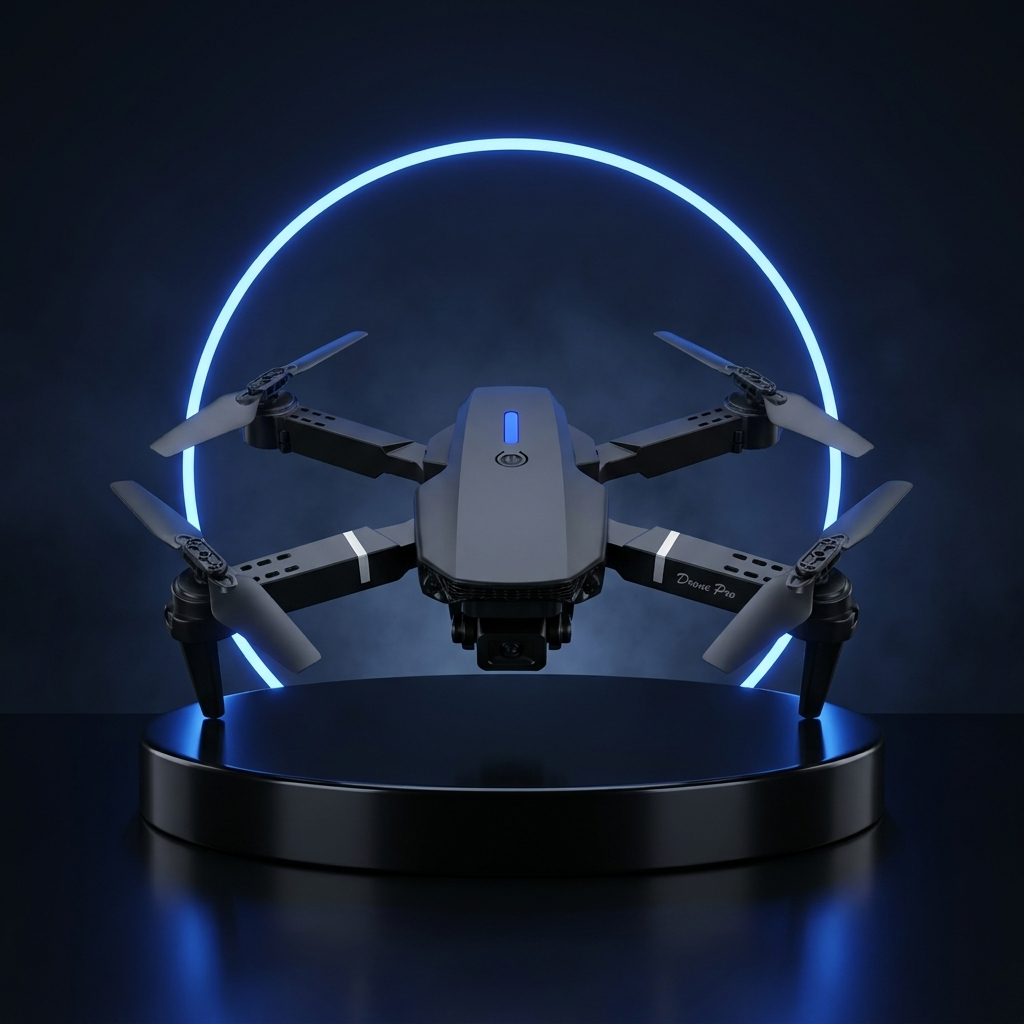 E88 foldable camera drone on a dark studio podium