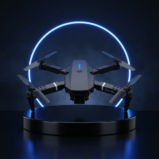 E88 foldable camera drone on a dark studio podium