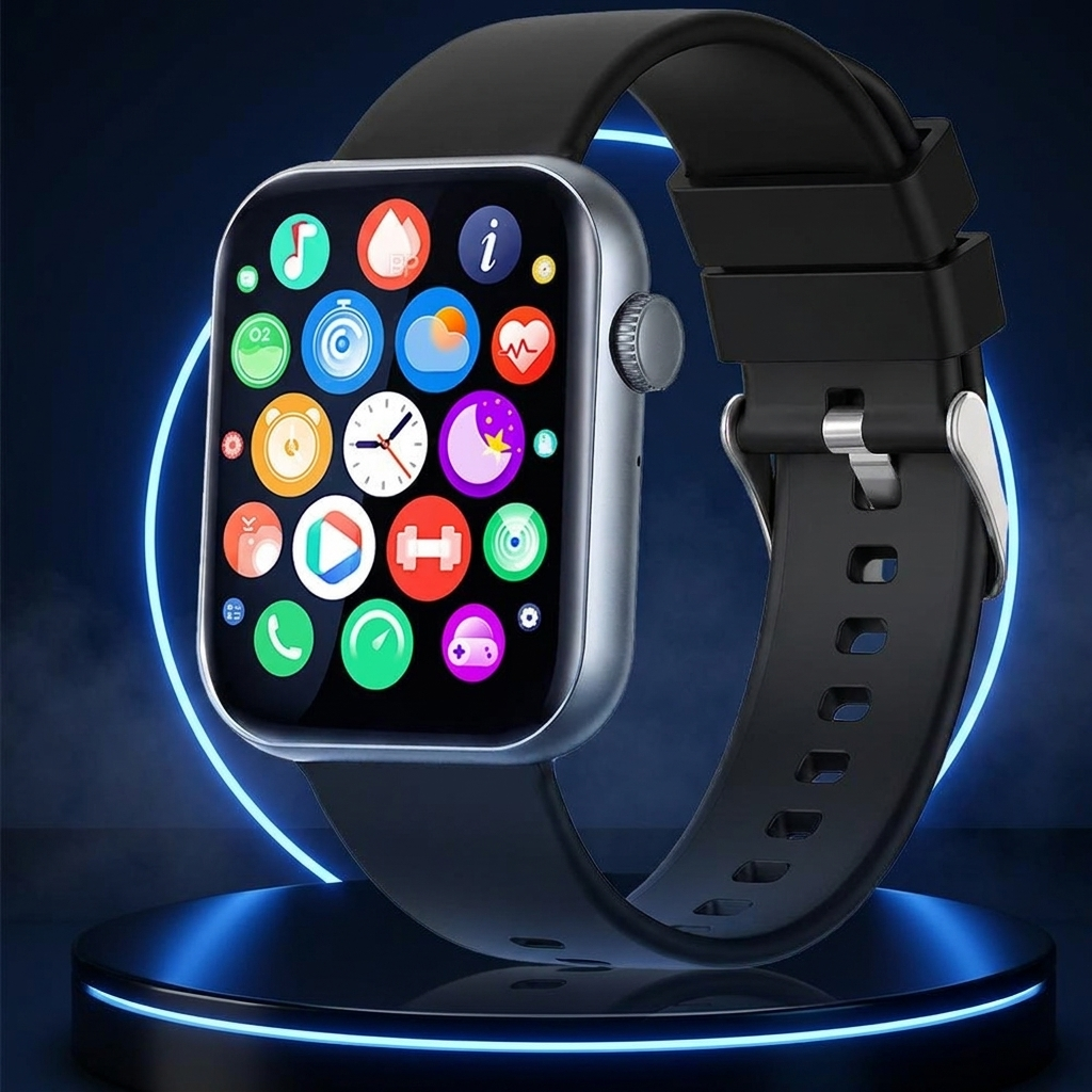 Tempo call smartwatch on a dark studio podium