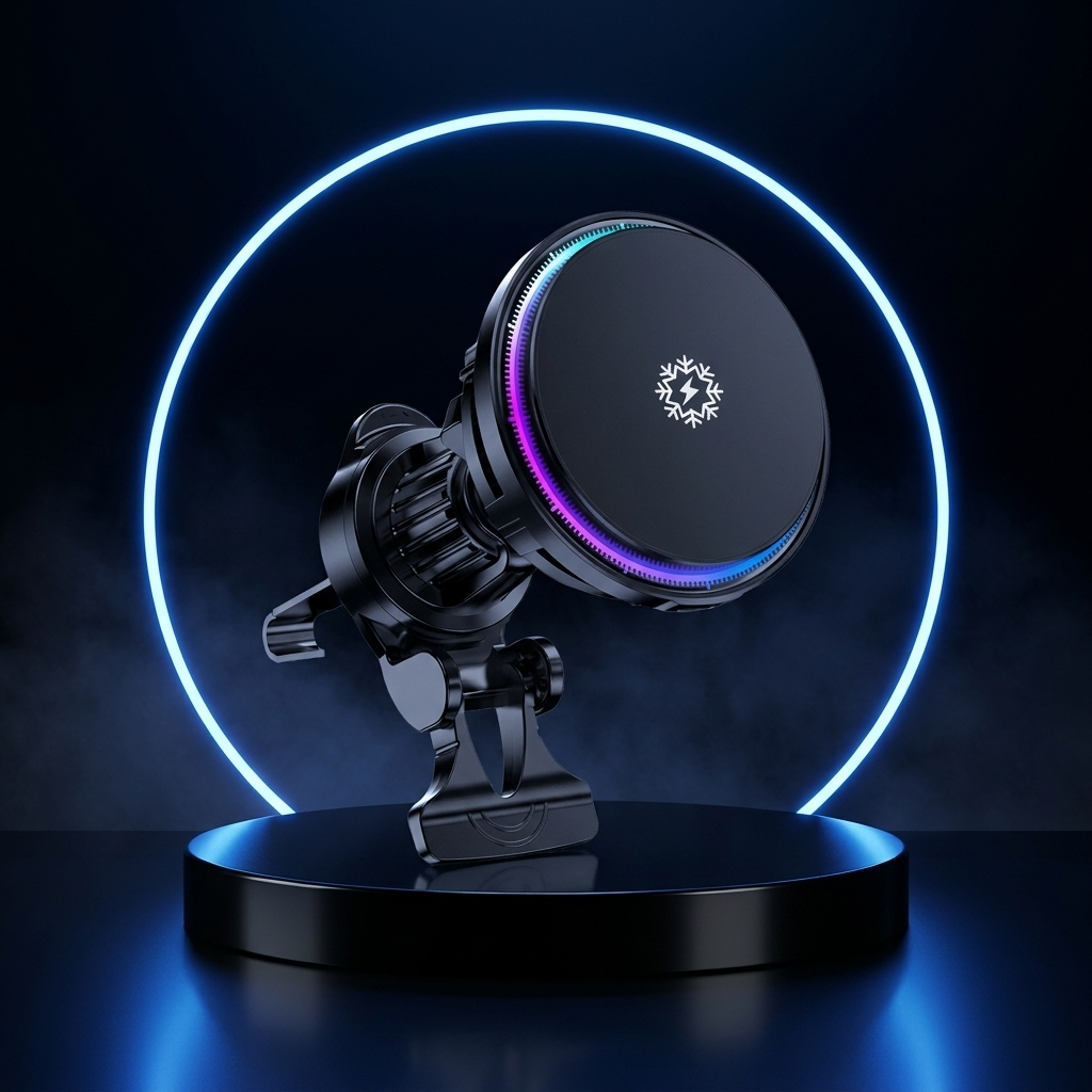 IceMount wireless car charger on a dark studio podium