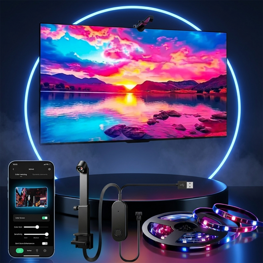 GlowSync TV backlight kit in a dark studio