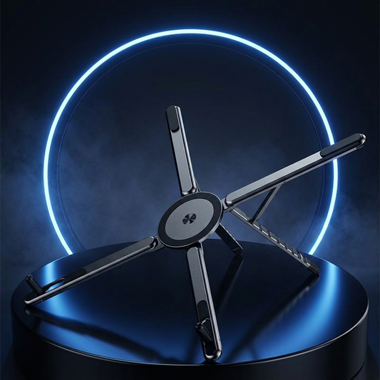 MagLift laptop stand on a dark studio podium