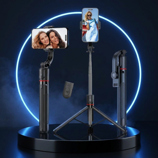 SkyReach selfie tripod on a dark studio podium