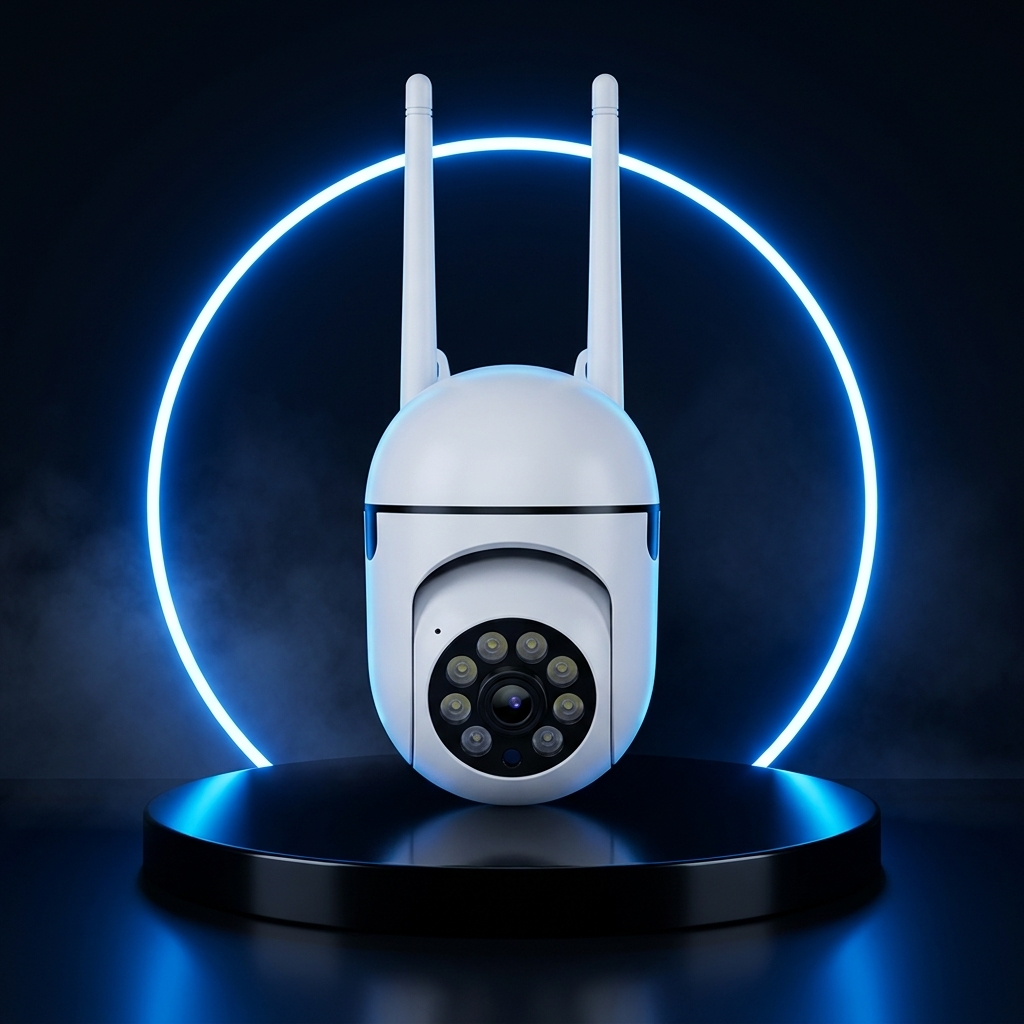 BulbGuard security camera on a dark studio podium