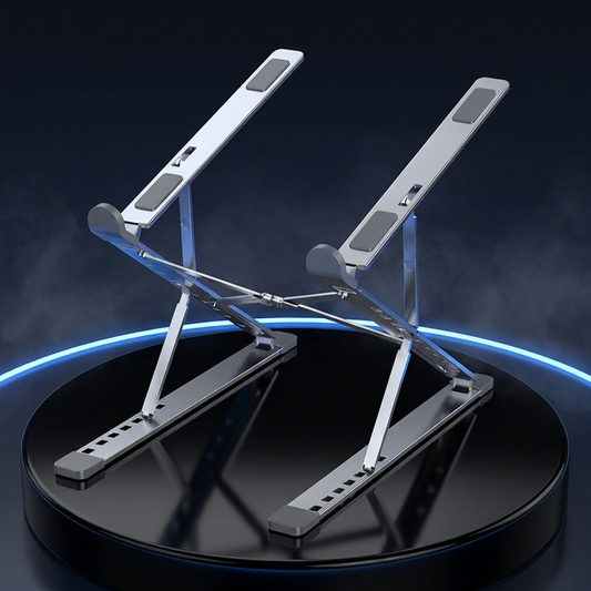 LiftFold laptop stand on a dark studio podium