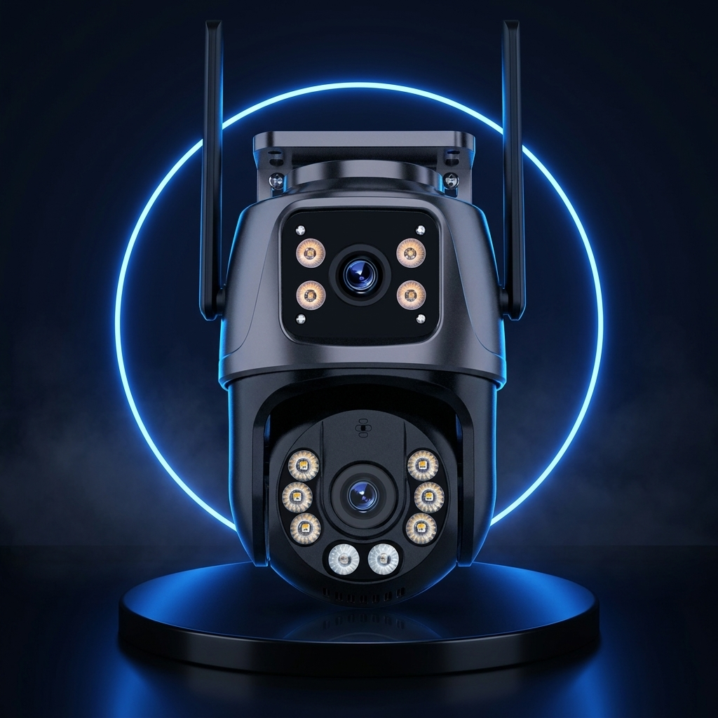 TwinSight outdoor camera on a dark studio podium