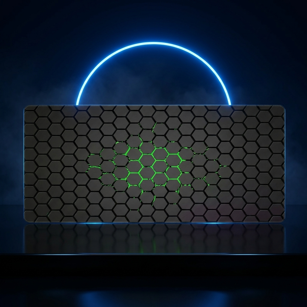 HexGrid XXL desk mat in a dark studio