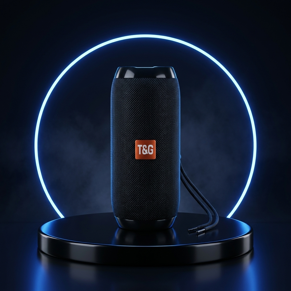Trailbeat Bluetooth speaker on a dark studio podium