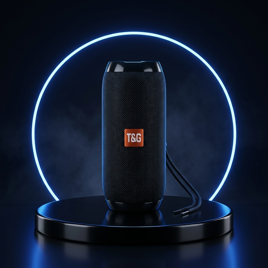 Trailbeat Bluetooth speaker on a dark studio podium