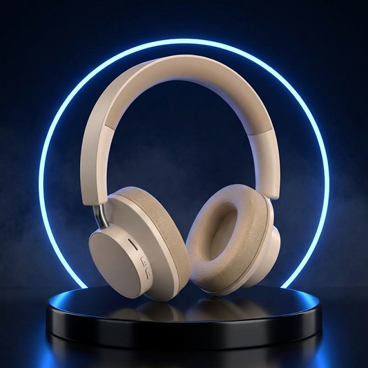 Strata HiFi over-ear headphones on a dark studio podium