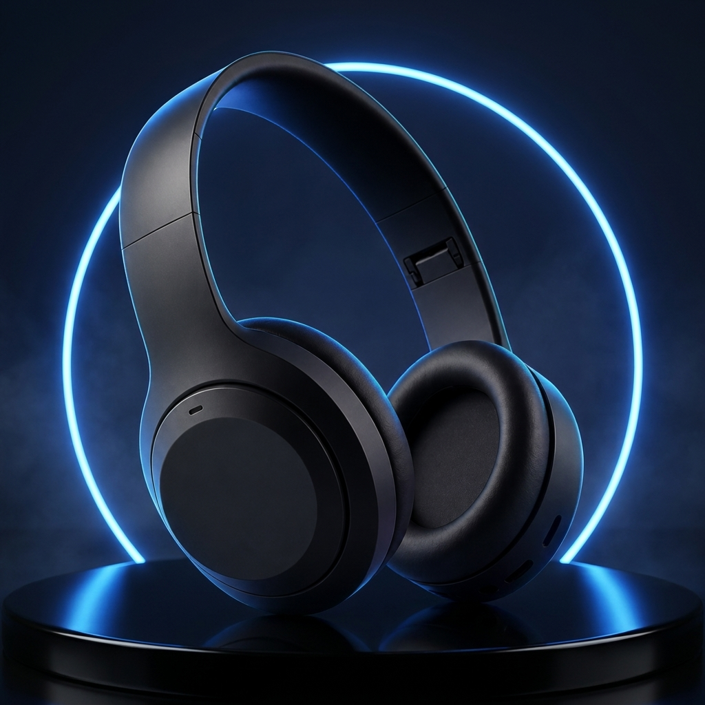 Drift wireless over-ear headphones on a dark studio podium