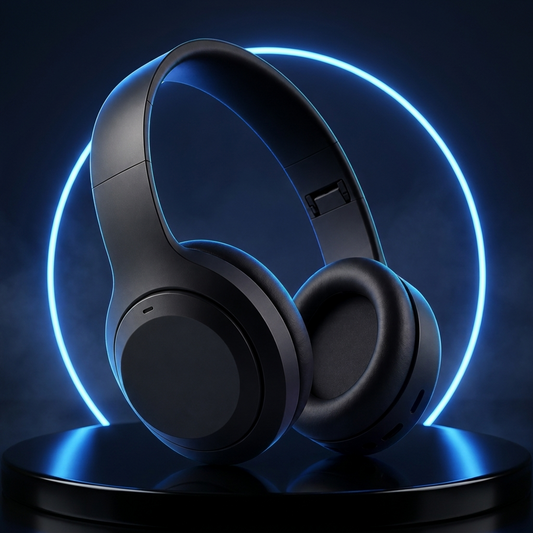 Drift wireless over-ear headphones on a dark studio podium