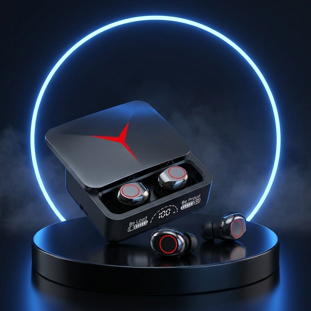 M90 sport earbuds and case on a dark studio podium
