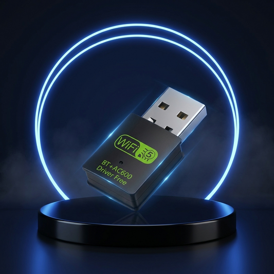 LinkUp WiFi and Bluetooth adapter on a dark studio podium