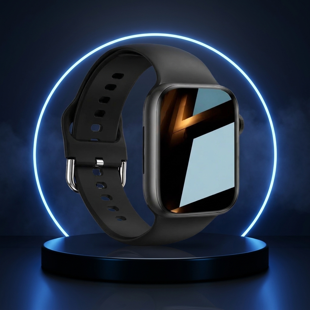 Link Bluetooth smartwatch on a dark studio podium