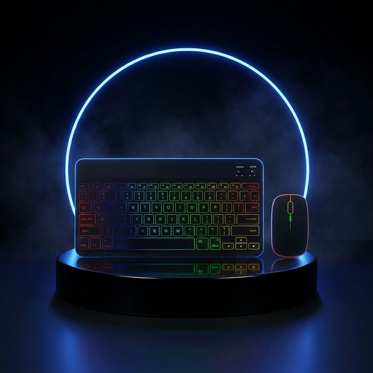 GlowType Bluetooth keyboard and mouse on a dark studio podium