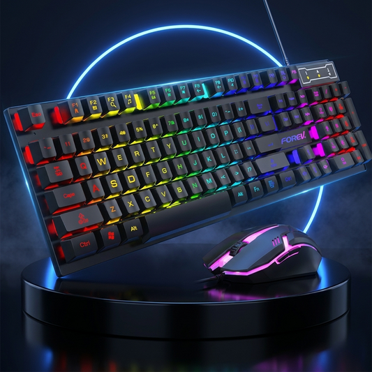 NightKeys backlit keyboard and mouse set on a dark studio podium