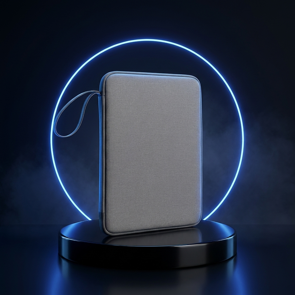 SoftFold tablet sleeve on a dark studio podium