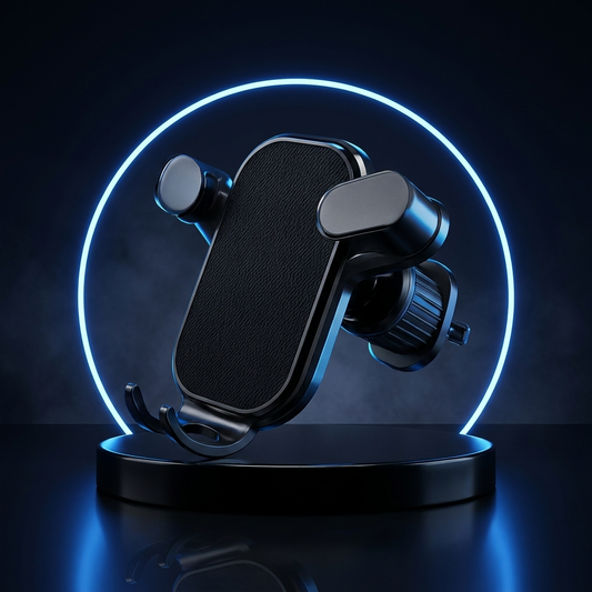 GravityGrip car phone mount on a dark studio podium