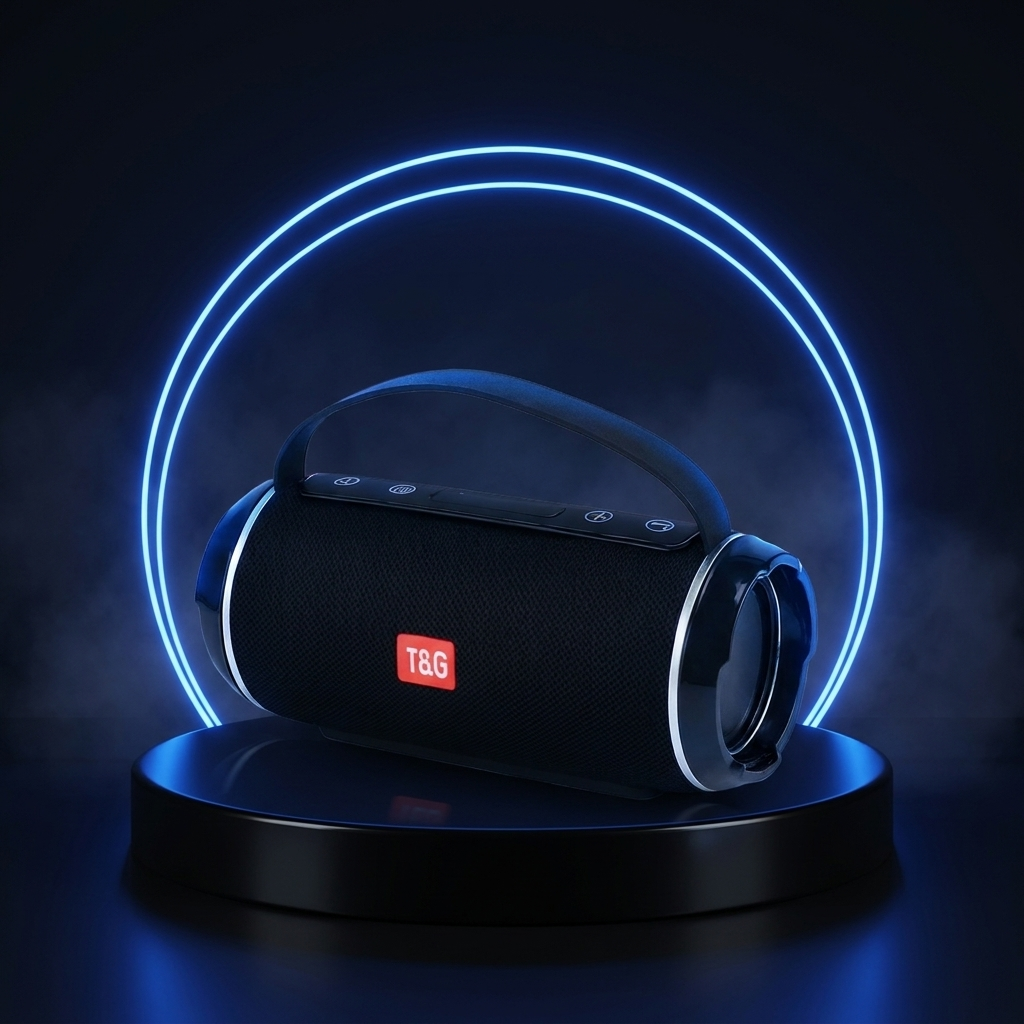 PartyGlow portable speaker on a dark studio podium