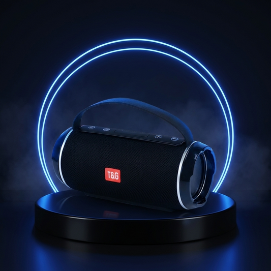 PartyGlow portable speaker on a dark studio podium