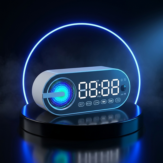 Spark mini LED speaker on a dark studio podium