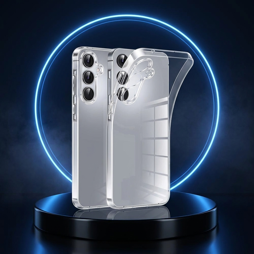 SlimShield clear phone case on a dark studio podium