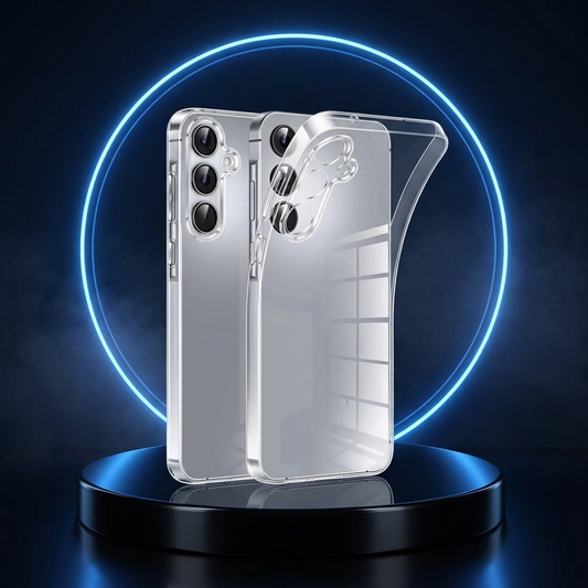 SlimShield clear phone case on a dark studio podium