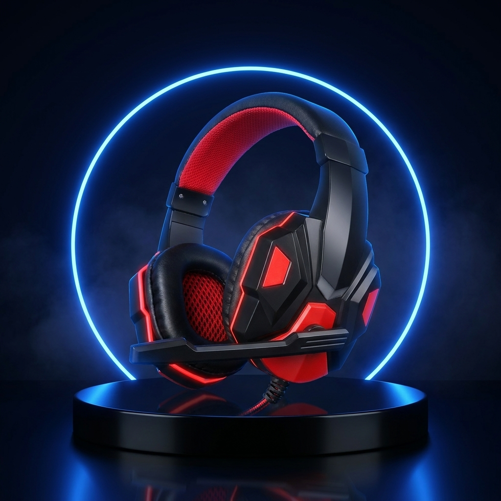 Vanta wired gaming headset on a dark studio podium