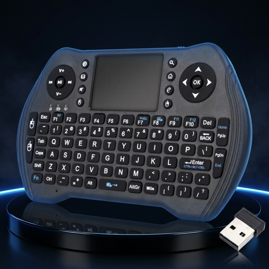 MT10 air mouse and mini keyboard remote on a dark studio podium