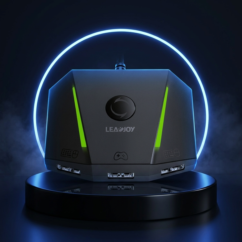GameSir VX2 AimBox console adapter on a dark studio podium