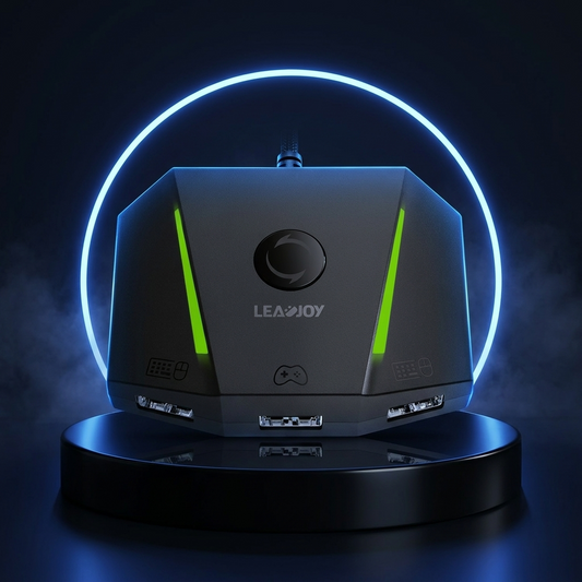 GameSir VX2 AimBox console adapter on a dark studio podium