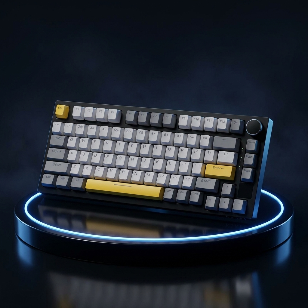 AJAZZ AK820 Pro mechanical keyboard on a dark studio podium