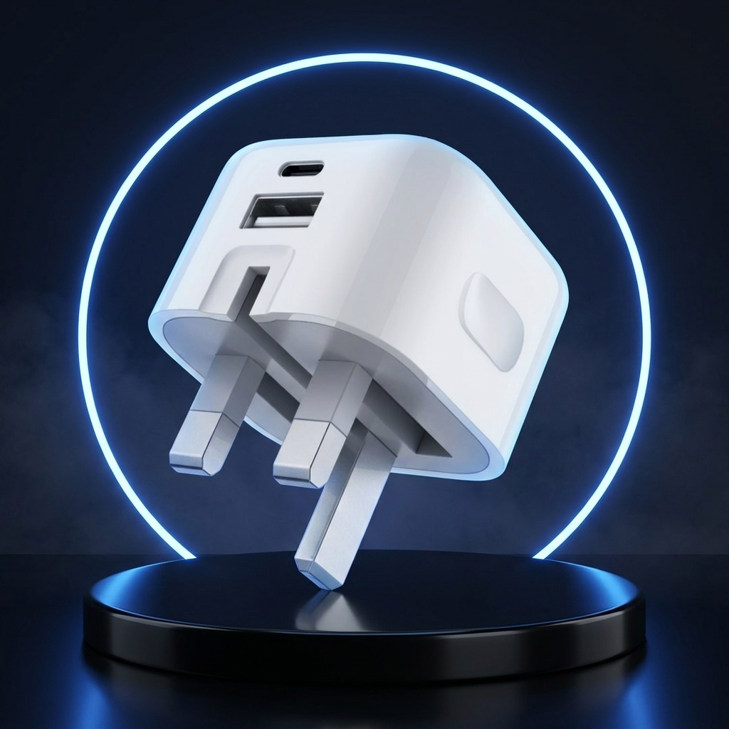 20W foldable dual-port UK charger on a dark studio podium