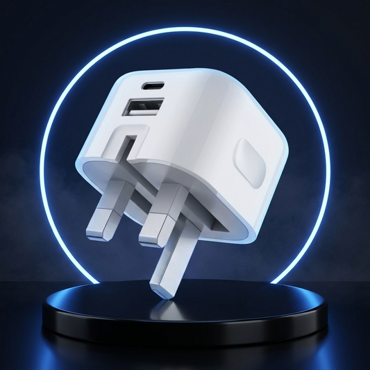 20W foldable dual-port UK charger on a dark studio podium