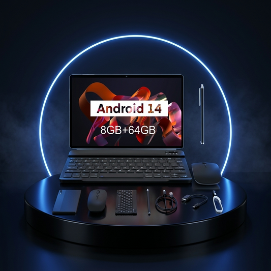 10.1 inch Android tablet bundle on a dark studio podium