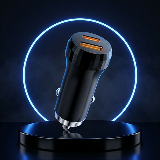 38W dual-port car charger on a dark studio podium